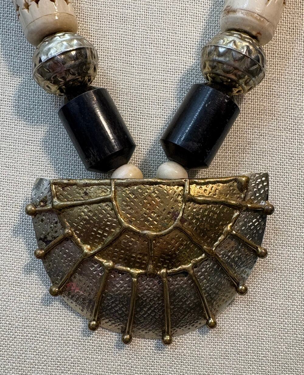 Vintage Carved Bone Ethnic Statement Necklace 24” with Brass Pendant